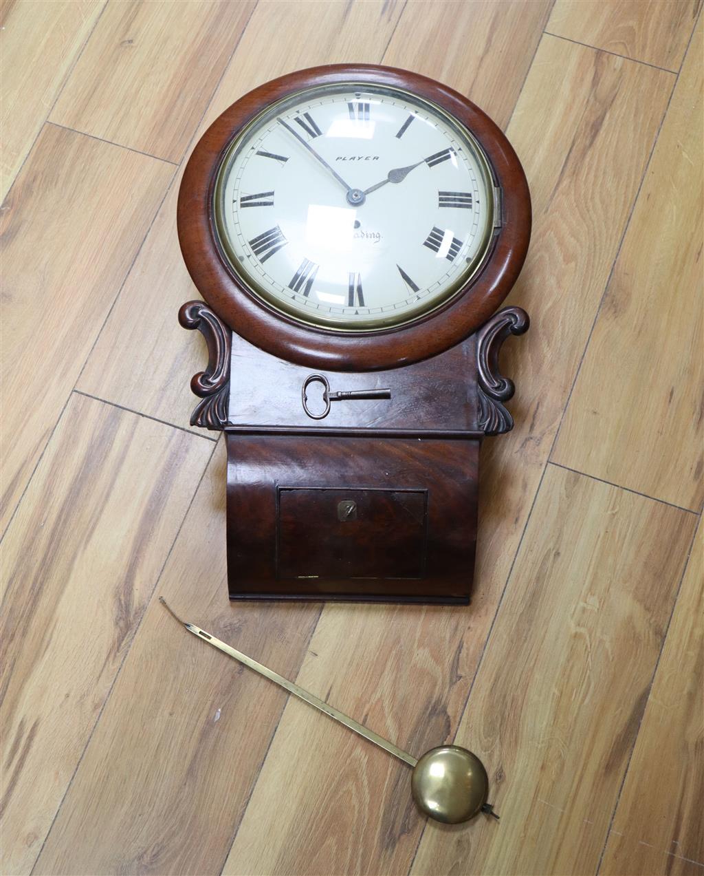 A Victorian mahogany drop dial wall clock, 24cm convex dial signed Player, Reading, single fusee movement